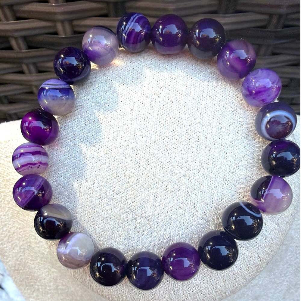 Purple Banded Agate Stretch Bracelet – Deep Purple Gemstone Beads 7"